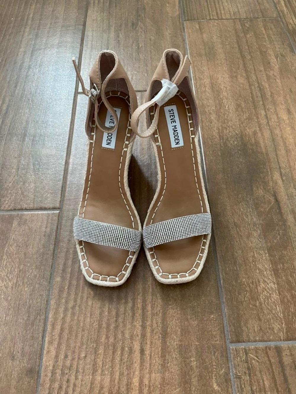 Steve Madden submit-R Beige Rhinestone Ankle-Strap Heels